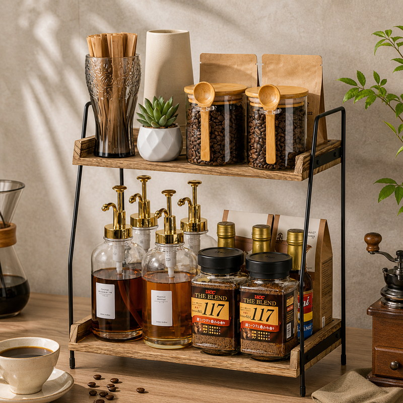 2 Tier Bamboo Coffee Station Organizer Shelf