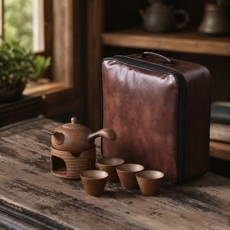 Vintage Stoneware Tea Set with Leather Travel Bag