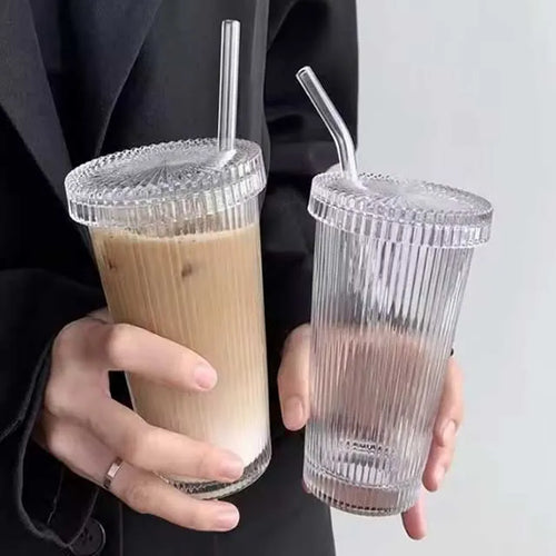 375ml Transparent Glass Iced Coffee Cup with Lid & Straw