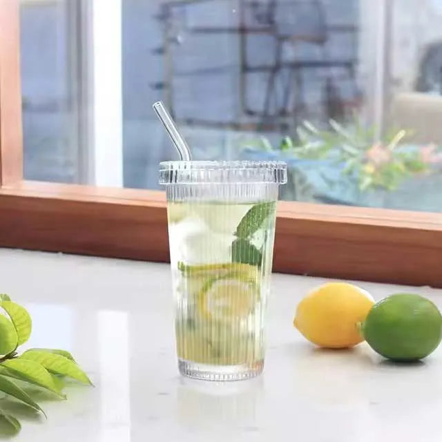 375ml Transparent Glass Iced Coffee Cup with Lid & Straw