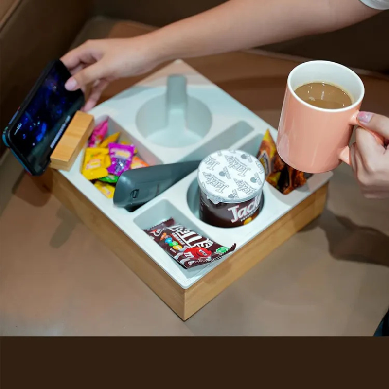 Bamboo Tray Organizer with Cup Holder – Sofa Snack & Remote Station for Coffee Lovers
