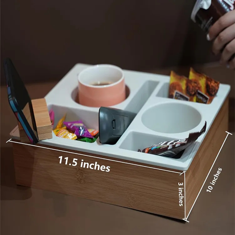 Bamboo Tray Organizer with Cup Holder – Sofa Snack & Remote Station for Coffee Lovers
