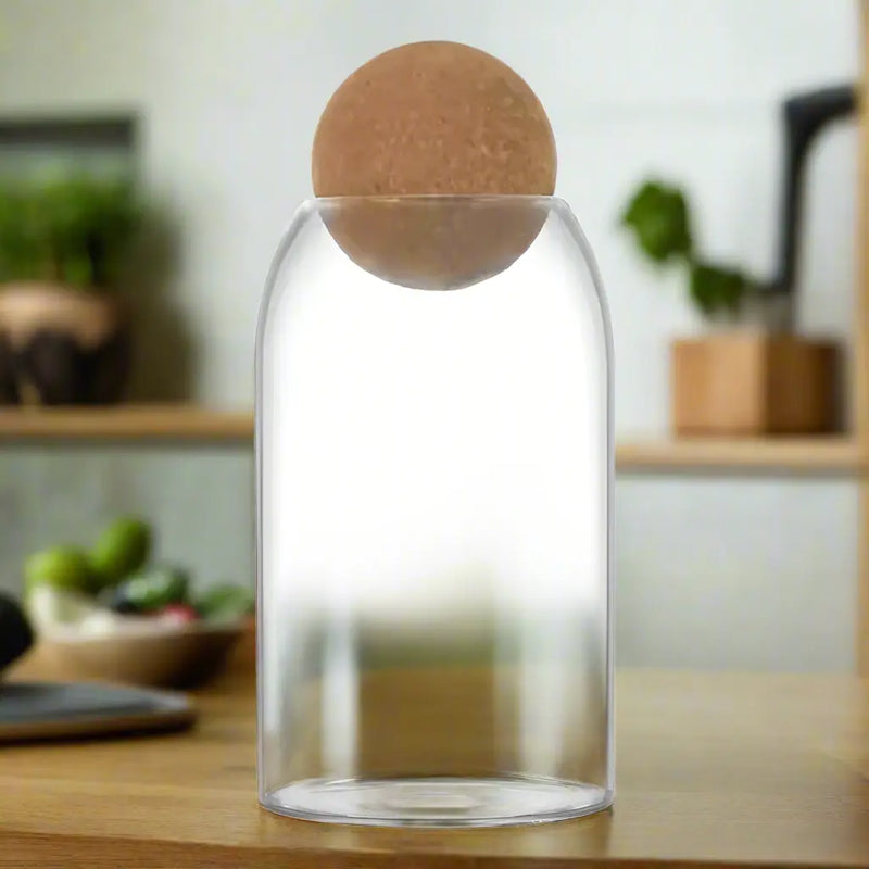 Borosilicate Glass Coffee/Food Storage Jar - 800ml Cylinder Container with Wooden Ball Stopper