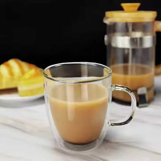 Double Wall Insulated Borosilicate Glass Coffee & Tea Cup – Heat Resistant Clear Glass Mug for Hot & Cold Drinks