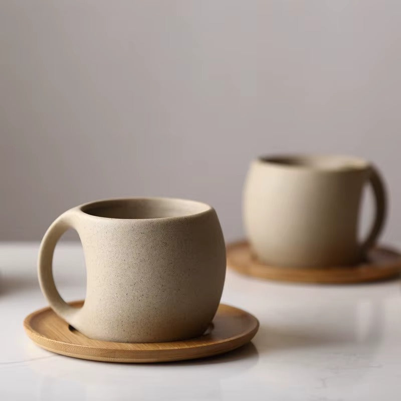 200ml Vintage Ceramic Coffee Mug with Walnut Coaster and Spoon – Retro Stoneware