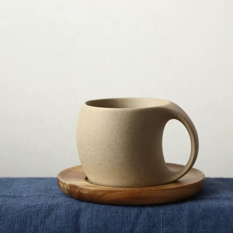 200ml Vintage Ceramic Coffee Mug with Walnut Coaster and Spoon – Retro Stoneware