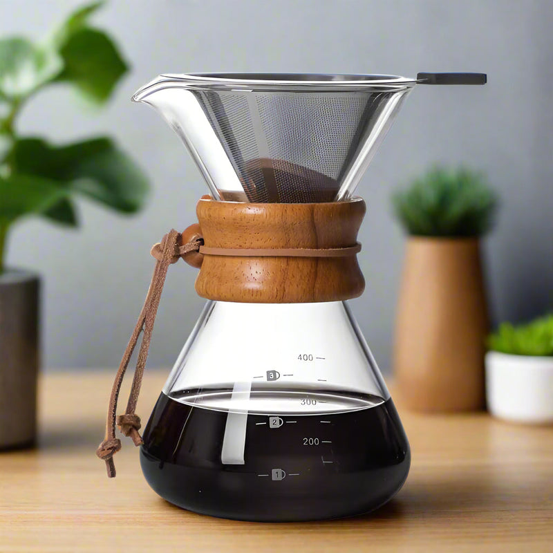 Chemex-Style Heat Resistant Glass Drip Coffee Maker – 400ml & 600ml with Double-Layer Stainless Steel Filter