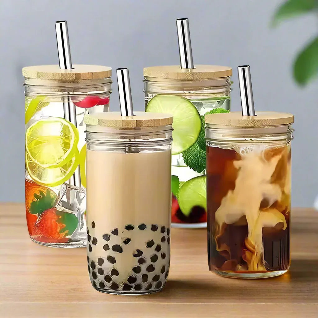 Reusable Glass Coffee Tumbler with Straw & Bamboo Lid – Modern Design