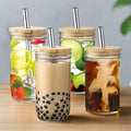 Reusable Glass Coffee Tumbler with Straw & Bamboo Lid – Modern Design