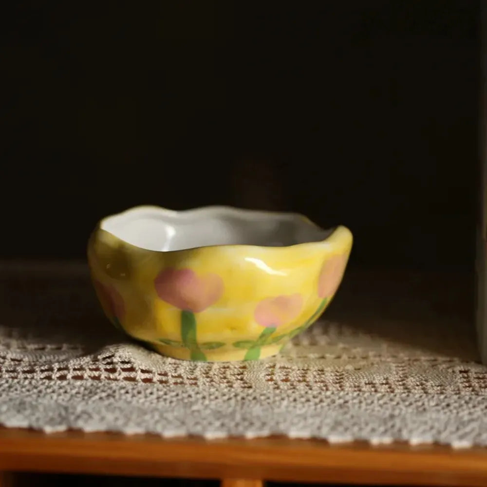Painted Flower Ceramic Bowl Yellow