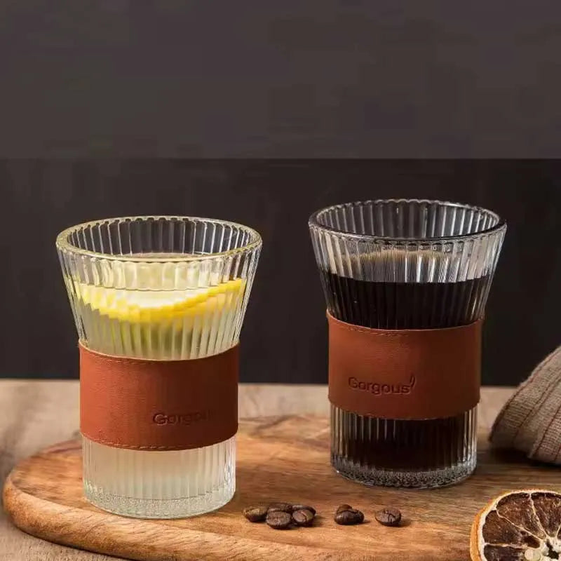 Vertical Pattern Clear Glass Cup with Leather Sleeve – 300ml