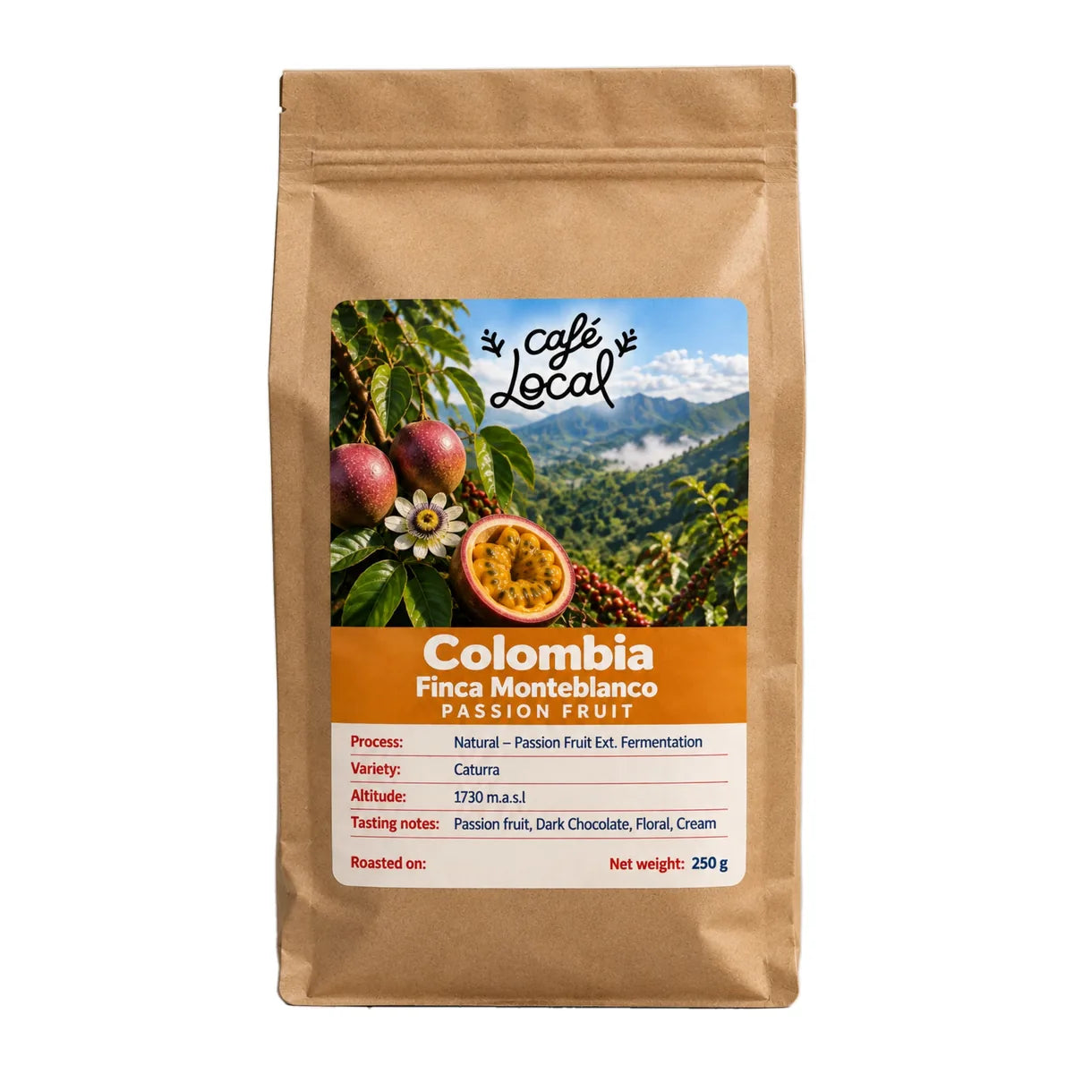 Café Local Colombia Finca Monteblanco Passion Fruit coffee, 250 g bag